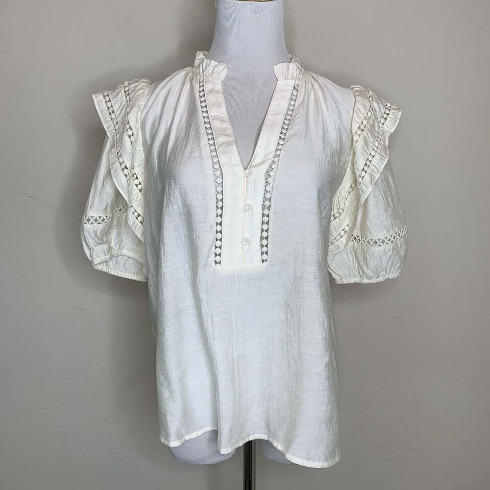 Cream Short Sleeve Blouse Cutout Lace Trim Ruffle Neck Sz Small Joy Joy